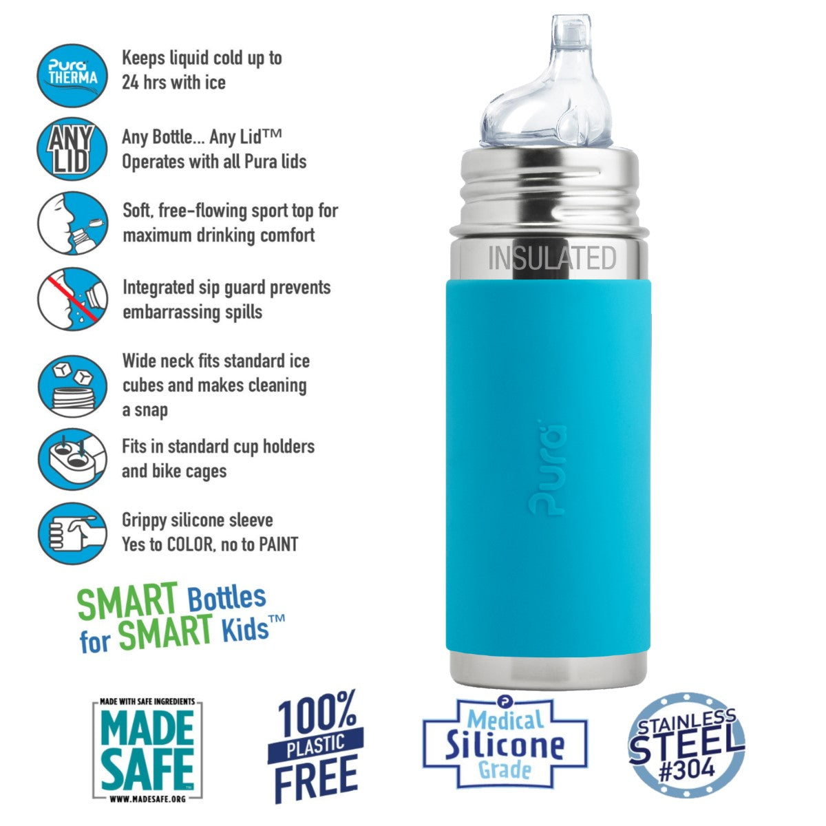 Bottiglia termica AZZURRA in acciaio inossidabile 260 ml con beccuccio | 100% plastic free, la bottiglia che cresce con il tuo bambino