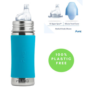 Bottiglia AZZURRA con beccuccio in acciaio inossidabile 325 ml | 100% plastic free, la bottiglia che cresce con il tuo bambino
